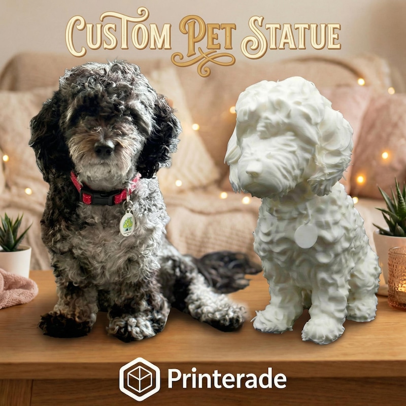 Custom 3D printed pet sculpture, personalized animal portrait by Printerade