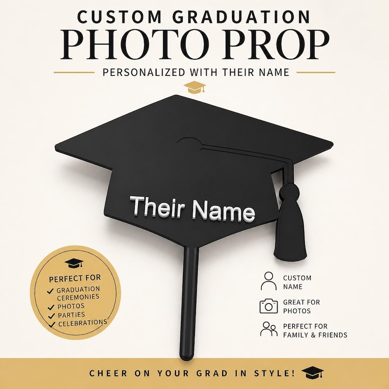 Custom graduation cap photo booth prop, personalized name sign by Printerade