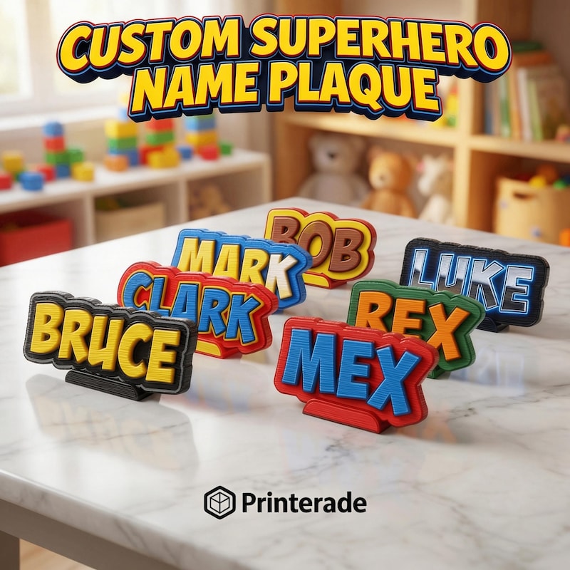 Personalized 3D printed superhero name sign, kids room decor by Printerade